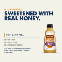 Load image into Gallery viewer, A bottle of A&H True Made Honey Mustard on a light beige background with promotional text highlighting that it is sweetened with real honey and contains no refined sweeteners or corn syrup.