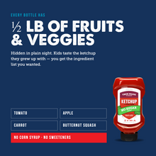 Load image into Gallery viewer, Promotional graphic for a ketchup bottle on a dark blue background. Large white text reads '1/2 LB OF FRUITS & VEGGIES' with smaller copy about kids tasting the ketchup they grew up with.