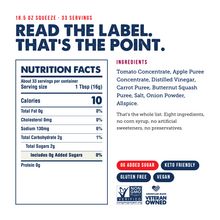 Load image into Gallery viewer, An informational product graphic for a sauce product showing a nutrition facts panel, serving size, ingredients list, and marketing badges. The top text reads '18.