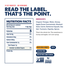 Load image into Gallery viewer, An informational product graphic for a 12 oz squeeze bottle, featuring a large nutrition facts panel, ingredients list, and marketing callouts including 'READ THE LABEL. THAT'S THE POINT.
