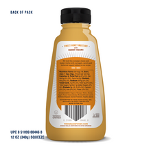 Load image into Gallery viewer, Back of a 12 oz squeeze bottle of Hidden Veggies Sweet Honey Mustard, showing the nutrition facts label, UPC, and text indicating back of pack details on a white background.