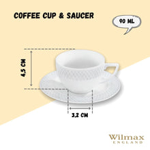 Load image into Gallery viewer, Wilmax Porcelain White 3 Oz | 90 Ml Coffee Cup & Saucer Set Of 6 In Gift Box
