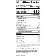 Load image into Gallery viewer, "Nutrition: 3 bites, 130 cal, 7g fat, 16g carbs, 3g protein."