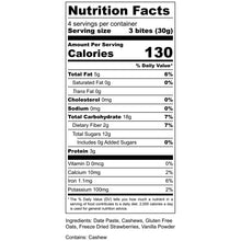 Load image into Gallery viewer, Nutrition label: 3 bites, 130 cal, 5g fat, 18g carbs, 3g protein.