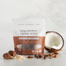 Load image into Gallery viewer, Chocolate Coconut Energy Bites, coconut, almonds, chocolate on marble backdrop.
