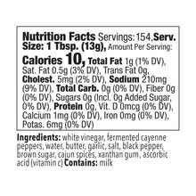 Load image into Gallery viewer, Nutrition facts and ingredient panel for Blonde Beard’s Black Magic buffalo wing sauce half gallon.