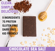 Load image into Gallery viewer, Gluten-free chocolate sea salt bar with honey and oats.
