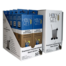 Load image into Gallery viewer, Cocktail Wheat Stem Drinking Straws Inner Pack 10 Boxes 50 ct side by side with unopened box Left