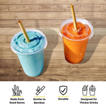 Load image into Gallery viewer, Two smoothies are placed side by side on a wooden surface. The left drink is blue, while the right one is orange. Both are in clear cups with biodegradable bamboo-like straws inserted through the lids. At the bottom, four icons illustrate that the straws are made from reed stems, similar to bamboo, durable, and designed for thicker drinks such as smoothies and shakes.