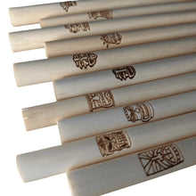 Load image into Gallery viewer, Holy City Straw Company Tiki Collector Series Branded Reed Straws 10 pack angled view of tiki masks included