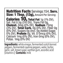 Load image into Gallery viewer, Nutrition facts and ingredient panel for Blonde Beard’s Holy Hell buffalo wing sauce.