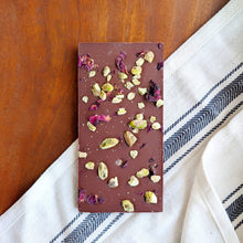 Load image into Gallery viewer, Madhu Chocolate Rose Pistachio - 50% Cacao Chocolate Bar