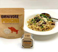 Load image into Gallery viewer, a bowl of mushroom risotto with a 6 oz bag and 2 oz tin of Porcini g