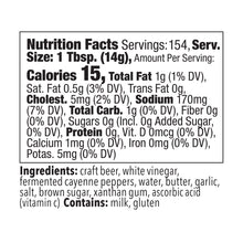 Load image into Gallery viewer, Nutrition facts and ingredient panel for Blonde Beard’s IPA Buffalo wing sauce half gallon.