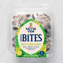 Load image into Gallery viewer, Key Lime Love bites, Sattva Vida, Gluten Free, vegan, Vegan Snacks, Energy Bites, Plant Protein, Whole Foods, Dates, Non Gmo, Healthy Snacks, energy bar, snack bar, protein bar, dark chocolate bar, dairy free snacks, vegan bars, low sugar, Energy Boost, nutrition bars, raw ingredients