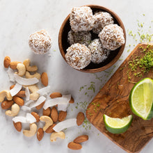 Load image into Gallery viewer, Key Lime Love bites, Sattva Vida, Gluten Free, vegan, Vegan Snacks, Energy Bites, Plant Protein, Whole Foods, Dates, Non Gmo, Healthy Snacks, energy bar, snack bar, protein bar, dark chocolate bar, dairy free snacks, vegan bars, low sugar, Energy Boost, nutrition bars, raw ingredients
