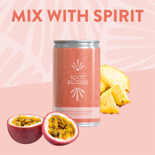 Load image into Gallery viewer, Root Elixirs Sparkling Pineapple Passionfruit Premium Cocktail Mixer Cans - 24 Cans (7.5 oz)