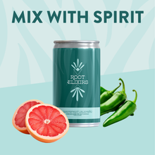 Load image into Gallery viewer, Root Elixirs Sparkling Grapefruit Jalapeno Premium Cocktail Mixer - 24 Cans (7.5 oz)