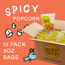 Load image into Gallery viewer, Bjorn Qorn Spicy Popcorn Bags - 12-Pack x 3oz Bags case