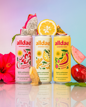 Load image into Gallery viewer, alldae superfruit soda's variety pack, featuring Passionfruit Guava, Ginger Yuzu, and Hibiscus Dragonfruit. This is a healthy soda alternative made with real fruit juice.