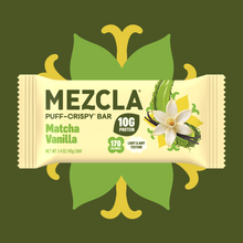 Load image into Gallery viewer, MEZCLA Matcha Vanilla puff-crispy protein bar wrapper with 10g protein, 170 calories, featuring vanilla flower and matcha powder on decorative green leaf background