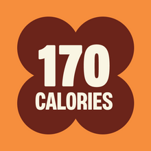 Load image into Gallery viewer, Orange background with dark brown flower-shaped badge displaying "170 CALORIES" in white text