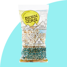 Load image into Gallery viewer, Bjorn Qorn cloudy, salty, 3oz bag on blue background.