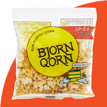 Load image into Gallery viewer, Bjorn Qorn spicy one-ounce bag on red background.