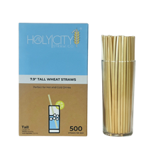 Load image into Gallery viewer, HolyCityStrawCompany 7.9-inch Wheat Tall Straws box of 500 straws displayed with a glass of straws next to the packaging