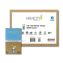 Load image into Gallery viewer, HolyCityStrawCompany 7.9-inch Wheat Tall Straws box of 6000 straws showing eco-friendly certifications and product details.