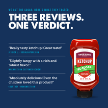 Load image into Gallery viewer, Promotional graphic for a bottle of True Made No Sugar Ketchup on a dark blue background, with large marketing text reading 'Three Reviews. One Verdict.