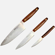 Load image into Gallery viewer, Virginia Boys Kitchens 3 Piece Stainless Steel Chef Knife Set with Walnut Wood Handles