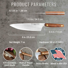Load image into Gallery viewer, Virginia Boys Kitchens 8 Inch Stainless Steel Chef Knife with Walnut Handle