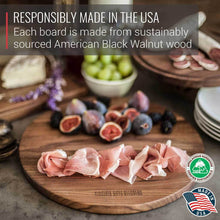 Load image into Gallery viewer, Virginia Boys Kitchens Large Round Walnut Wood Charcuterie Board