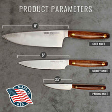Load image into Gallery viewer, Virginia Boys Kitchens 3 Piece Stainless Steel Chef Knife Set with Walnut Wood Handles