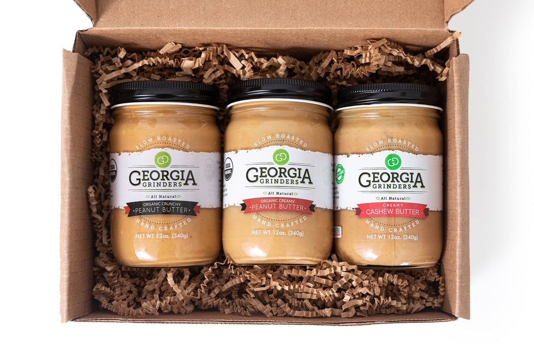 Georgia Grinders Organic Peanut Butter & Cashew Butter: Trio Gift Box - 3 Jars x 12 oz