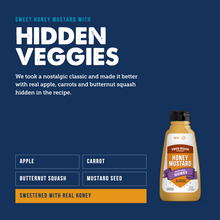 Load image into Gallery viewer, A bottle of True Made Honey Mustard on a dark blue graphic background with large white text reading 'HIDDEN VEGGIES' and ingredient callouts for apple, carrot, butternut squash, and mustard seed.
