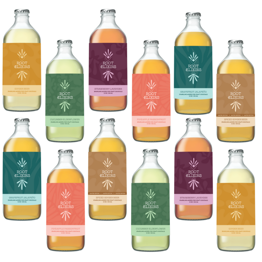 Root Elixirs Mix & Match 12 pack Bottles | Root Elixirs Sparkling Premium Cocktail Mixers Bottles - 12 pack x 12 oz bottles