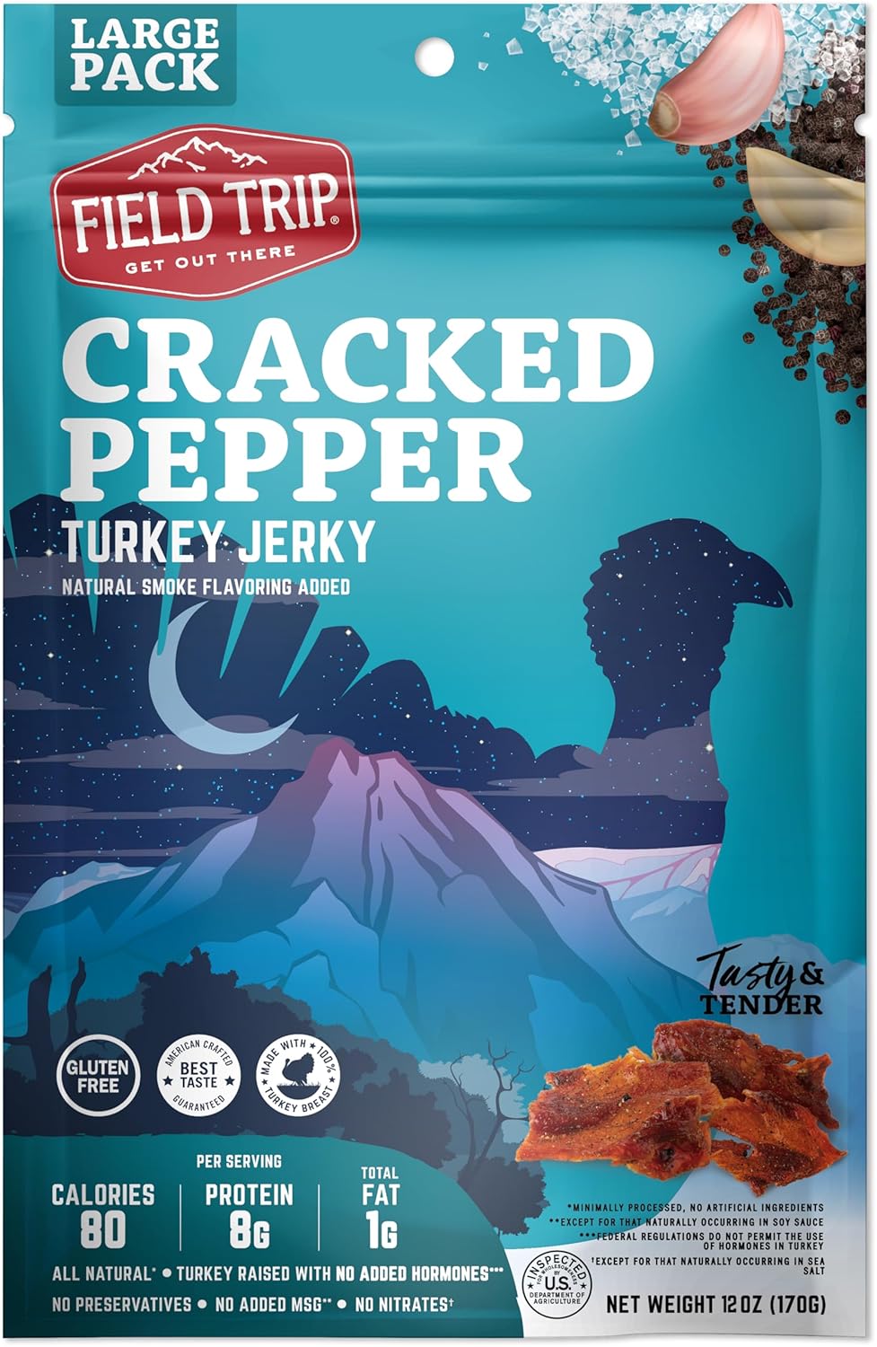 Field Trip Cracked Pepper Turkey Jerky 12oz bag - 6 bags x 12 oz case