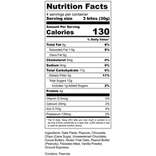 Load image into Gallery viewer, Nutrition Facts label showing a serving size of 3 bites, 130 calories, 6g fat, 17g carbs, 4g protein.
