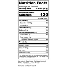 Load image into Gallery viewer, Nutrition: 3 bites, 130 cal, 7g fat, 16g carbs, 3g protein.
