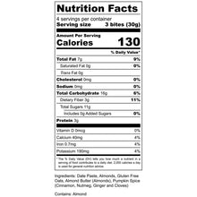 Load image into Gallery viewer, Nutrition label: 3 bites, 130 cal, 7g fat, 16g carbs, 3g protein.
