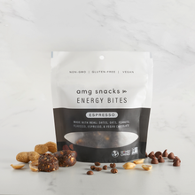 Load image into Gallery viewer, Espresso Bites with espresso beans, peanuts, energy bites on marble background.
