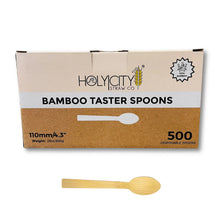 Load image into Gallery viewer, Box of Holy City Straw Company Wrapped Bamboo Taster Spoons  500 disposable spoons
