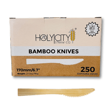 Load image into Gallery viewer, Box of Holy City Straw Company Bamboo knives 250 disposable knives
