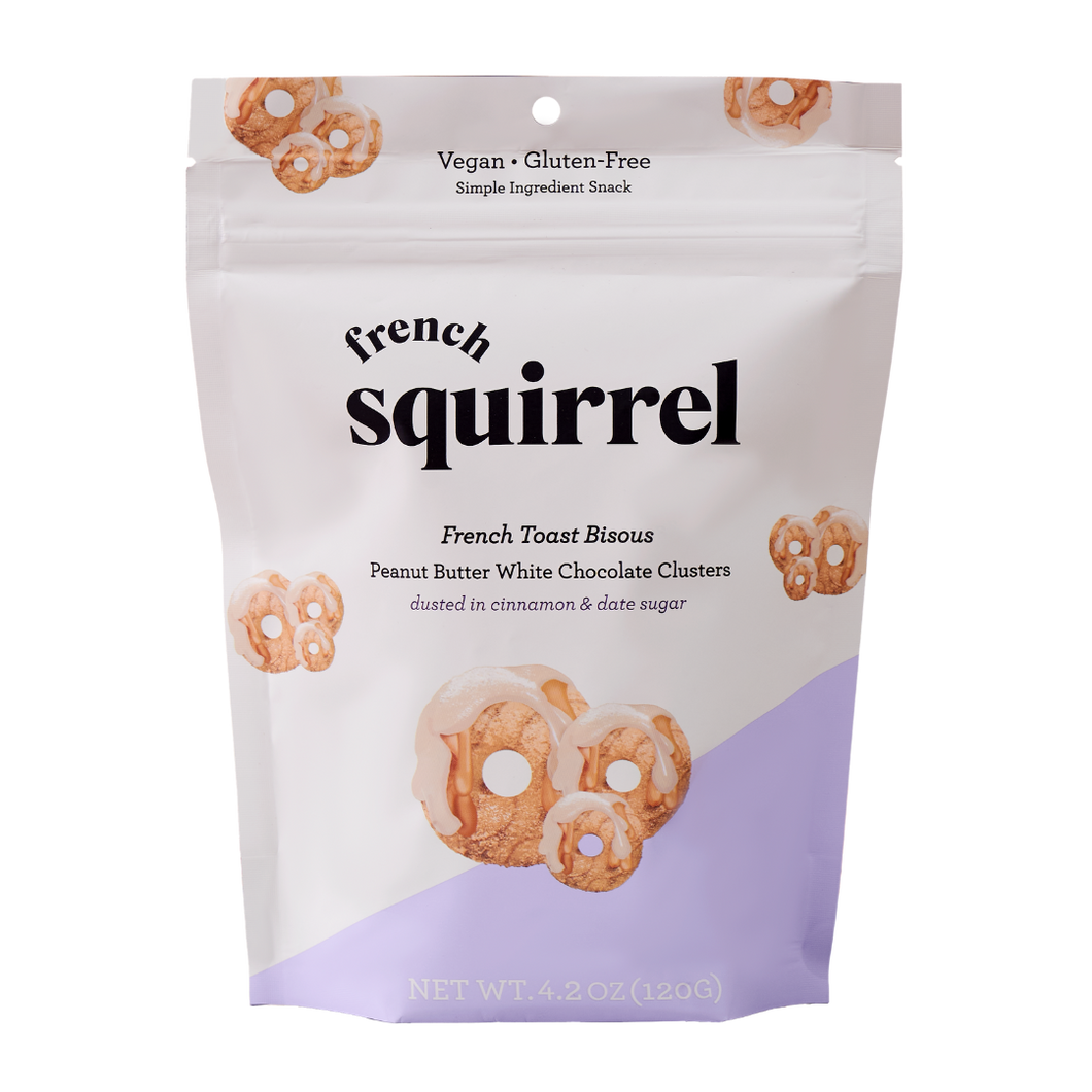 French Squirrel French Toast Bisous: Peanut Butter & Vegan White Chocolate-Coated Gluten-Free Cereal Clusters Bag - 4 Bags case