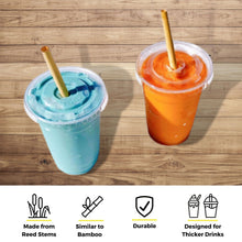 Load image into Gallery viewer, Two smoothies are placed side by side on a wooden surface. The left drink is blue, while the right one is orange. Both are in clear cups with biodegradable bamboo-like straws inserted through the lids. At the bottom, four icons illustrate that the straws are made from reed stems, similar to bamboo, durable, and designed for thicker drinks such as smoothies and shakes.
