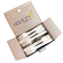 Load image into Gallery viewer, Holy City Straw Co. 250 count open box of unwrapped forks angled
