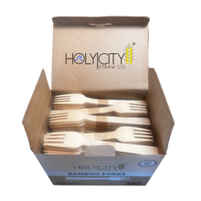 Load image into Gallery viewer, Holy City Straw Co. 250 count open box of unwrapped forks
