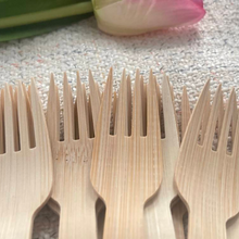 Load image into Gallery viewer, Holy City Straw Co. close up unwrapped bamboo forks bunch
